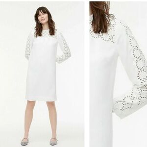 J. Crew White Laser-cut Eyelet Long Sleeve Crepe Shift Dress